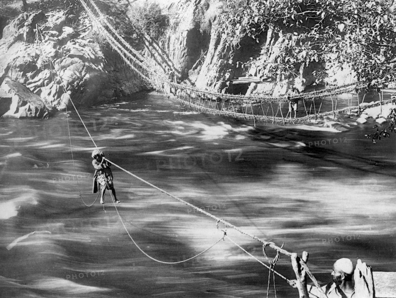 Rope bridge, Jhelum Valley, Kashmir, India, c1900.  Artist: F Bremner