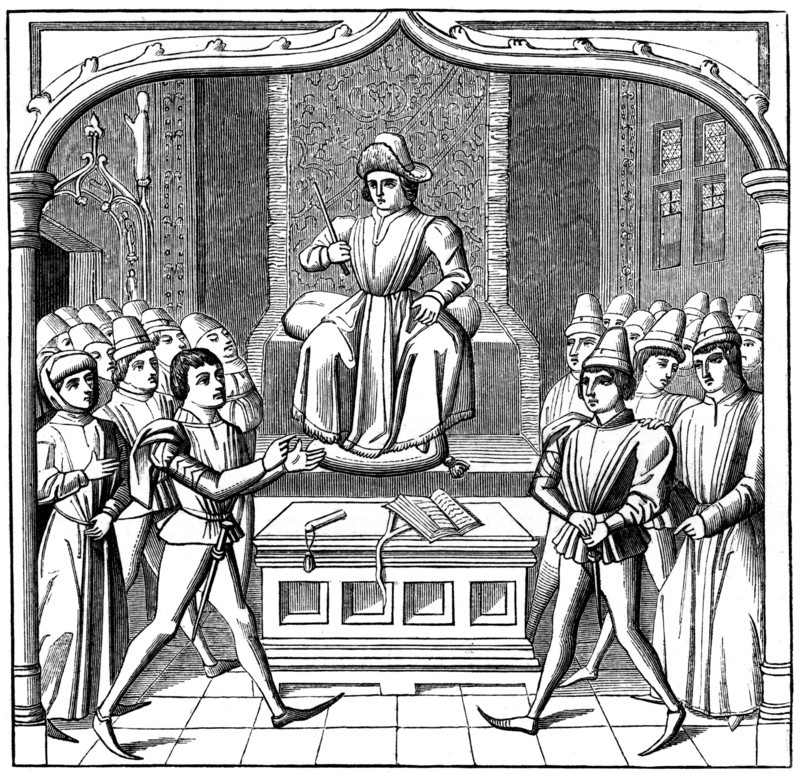 The Judicial Duel, the plaintiff opening his case before the judge, 15th century (1849). Artist: Unknown