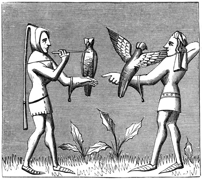 Falconers dressing their birds, 14th century (1849). Artist: Unknown