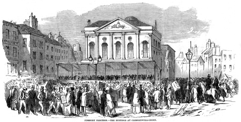 Election hustings in Clerkenwell Green during the Finsbury election, London, 1852. Artist: Unknown