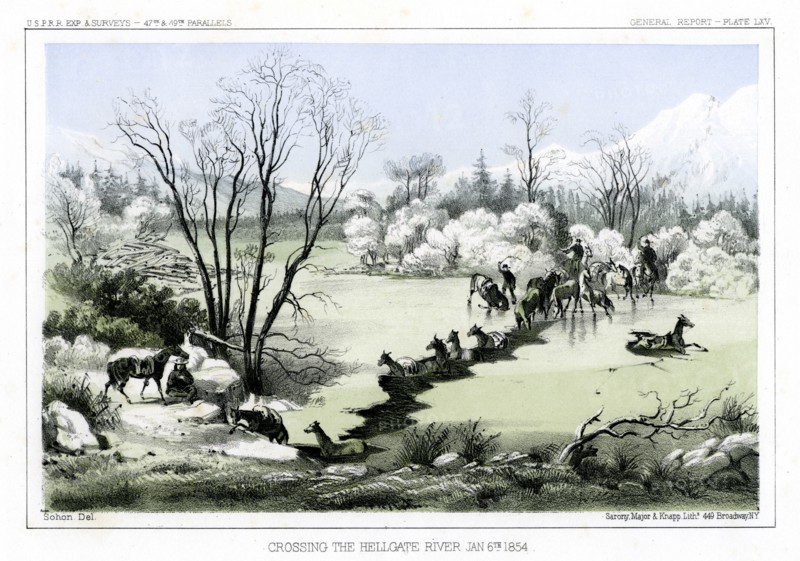 Crossing the Hellgate River, 6 January 1854 (1856).Artist: John Mix Stanley