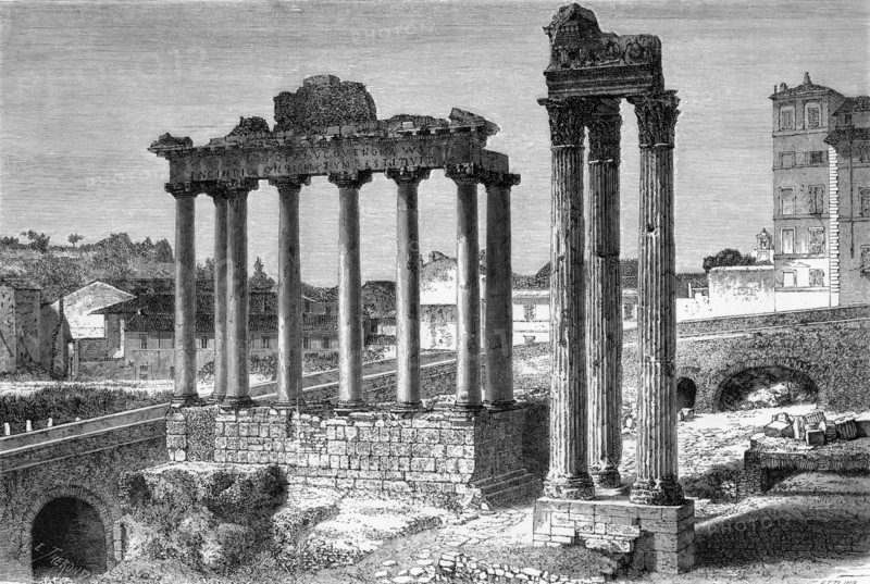 The Temples of Saturn and Vespasian, the Roman Forum, Rome, Italy, 19th century.Artist: Ettling