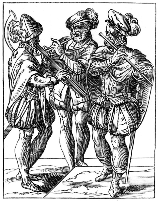 Flute and cornetto players, 16th century (1849).Artist: Jost Amman