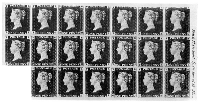 Block of twenty 'Penny Black' stamps, 1840, (1910). Artist: Unknown