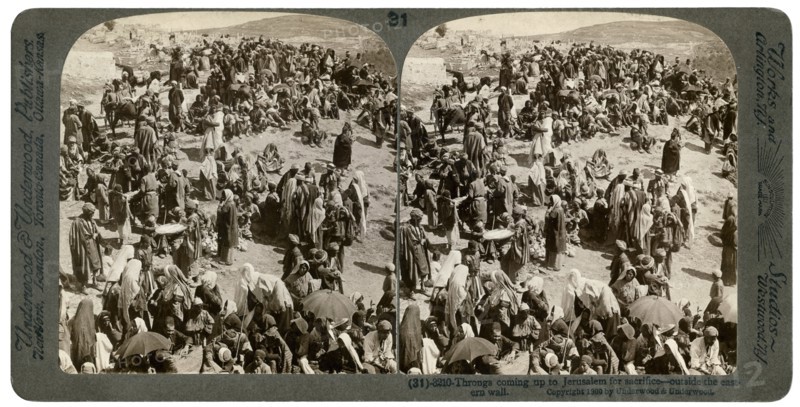 People coming up tp Jerusalem for sacrifice, outside the eastern wall, 1900.Artist: Underwood & Underwood