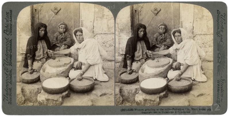 Women grinding at the mill, Palestine, 1900.Artist: Underwood & Underwood