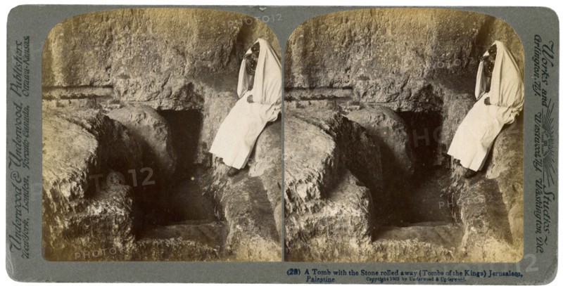 A tomb with the entrance stone rolled away, Jerusalem, 1901. Artist: Underwood & Underwood