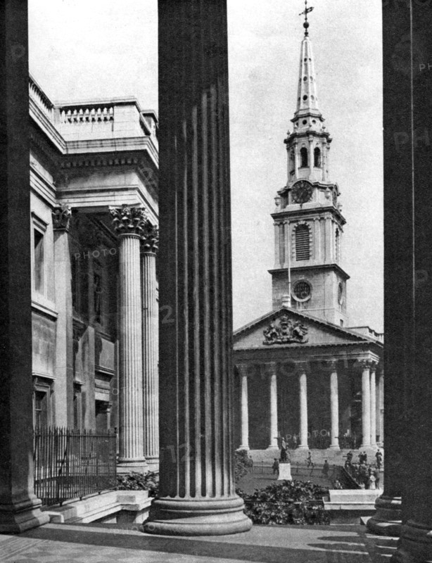 St Martin-in-the-Fields seen between the columns of the National Gallery, London, 1926-1927.Artist: McLeish