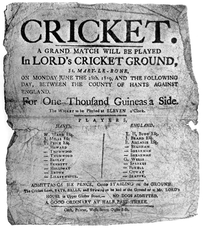 Flyer advertising a cricket match between Hampshire and England, 1819 ((1912). Artist: Unknown