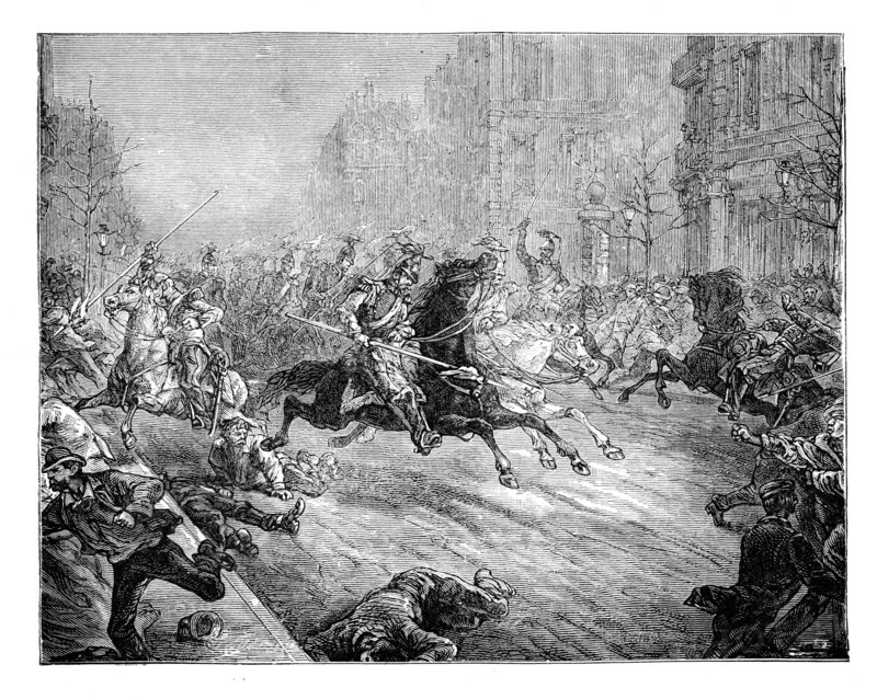 'The coup d'etat, lancers charging the crowd in the boulevards of Paris', 19th century. Artist: Unknown