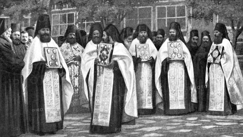 Monks of the Greek church carrying volumes of the Liturgy, Greece, 1922. Artist: Unknown