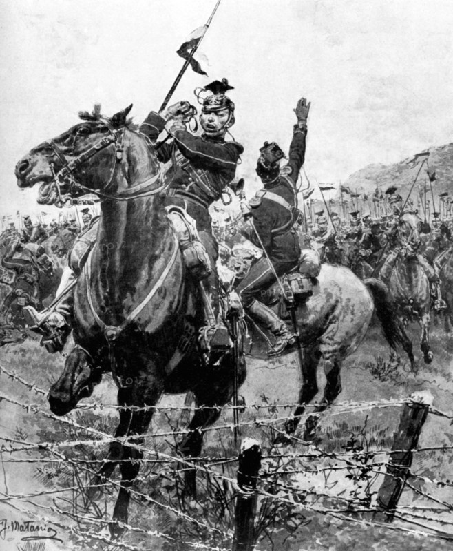 Uhlans checked by barbed wire near Liege, Belgium, First World War, 1914. Artist: Unknown