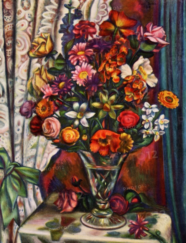Still life of flowers in a silver vase, 1930.Artist: Mark Gertler