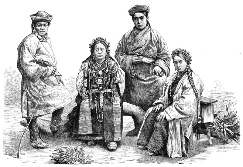 Bhutia (Bhutanese) costumes, 1895.Artist: Pranishnikoff