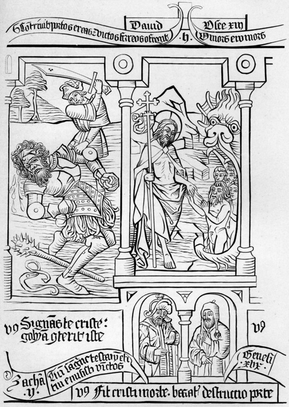 Fragment facsimile of page 28 of the Bible of the Poor, 1849.Artist: A Bisson