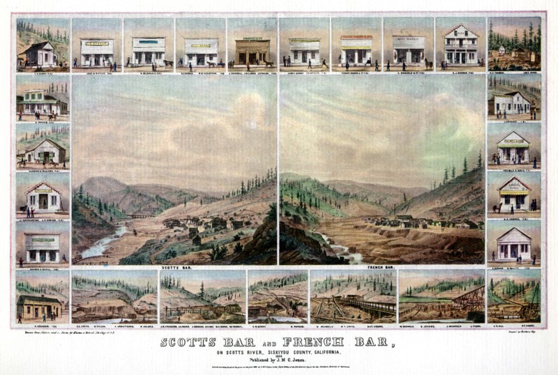 Scotts Bar and French Bar, on the Scotts River, Siskiyou County, California, 1856 (1937).Artist: Britton & Rey