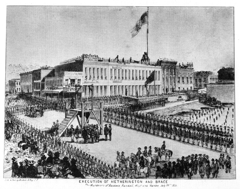 The execution of Hetherington and Brace, Fort Vigilance, Sacramento, California, 1856 (1937).Artist: Britton & Rey
