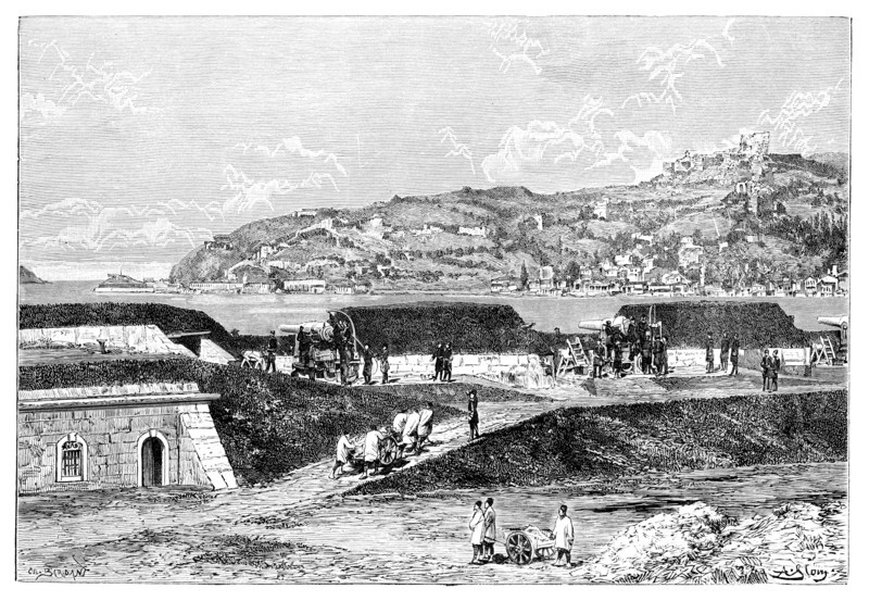 Turkish batteries and the entrance to the Bosphorus at the Black Sea, Turkey, 1895. Artist: Unknown