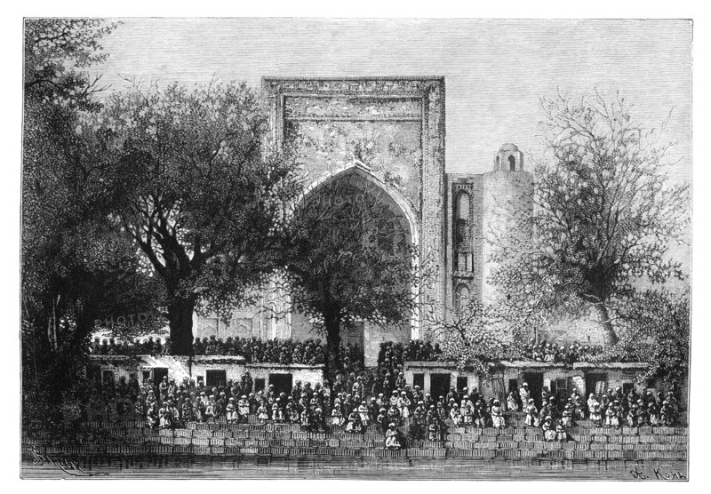 An assembly before the mosque in Bukhara, Uzbekistan, 1895.Artist: Armand Kohl