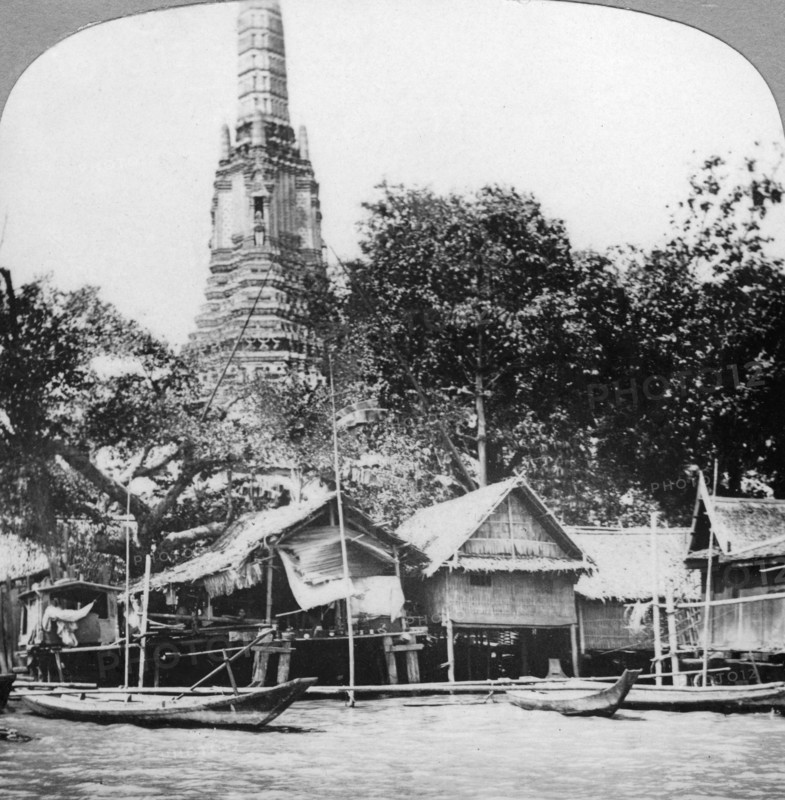 Dhows and houses on the Chao Phraya River, Bangkok, Thailand, 1900s. Artist: Unknown