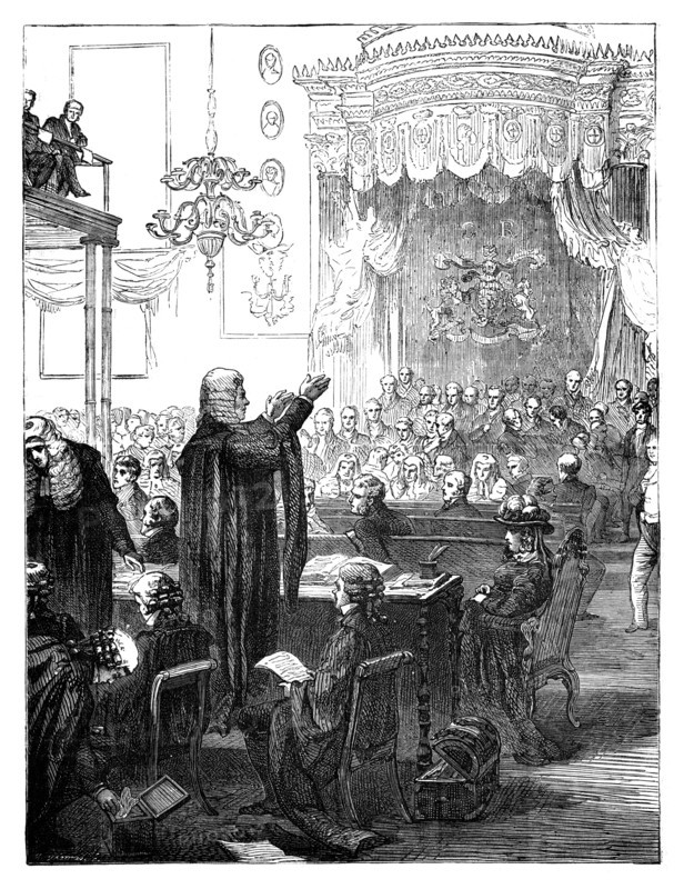 Henry Brougham's speech for the defence during the trial of Queen Caroline, 1820 (c1895). Artist: Unknown