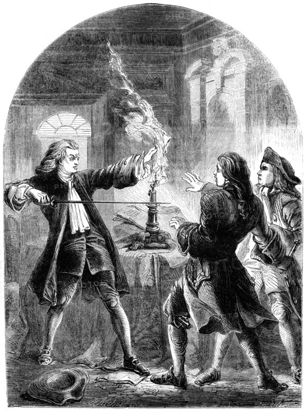 'Kelly, the non-juring clergyman, destroying the treasonable papers', 18th century (19th century). Artist: Unknown