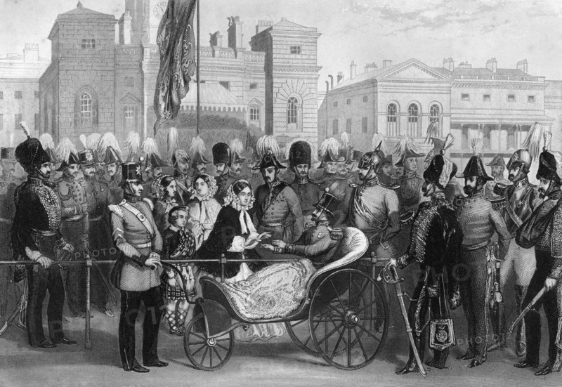 Queen Victoria distributing the Crimean medals, Horse Guards, 18 May 1856, (1857). Artist: R Hind