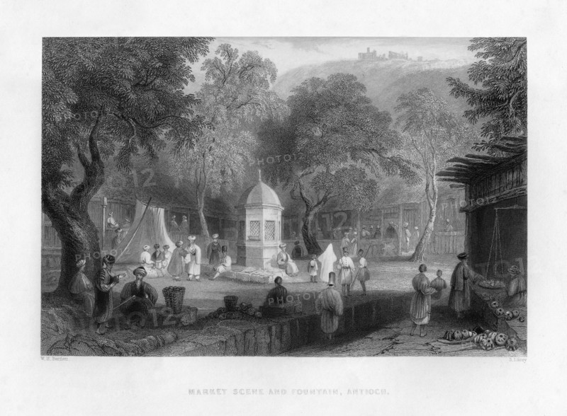 A market scene and a fountain in Antioch, Turkey, 1841.Artist: S Lacey