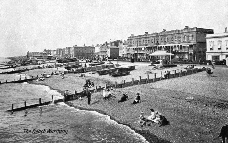 The beach at Worthing, West Sussex, 1917.Artist: Valentine & Sons Publishing Co