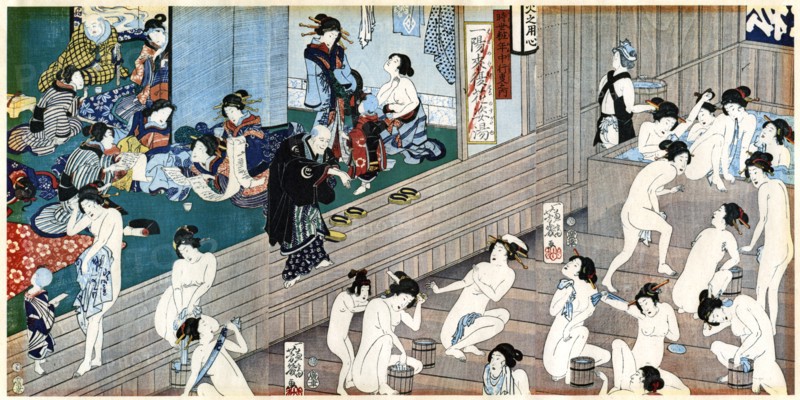 A bath house scene, Japan.Artist: Yoshiiku