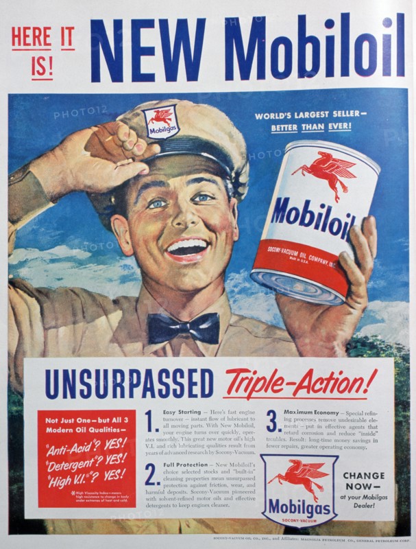 Mobiloil motor oil advert, 1949. Artist: Unknown