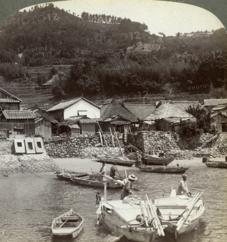 Fishing village of Obatake on the Inland Sea, looking north to the terraced rice fields, Japan, 1904Artist: Underwood & Underwood