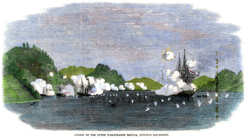 'Attack on the Dutch war-steamer 'Medusa', opposite Simonoseki', Japan, 1863. Artist: Unknown
