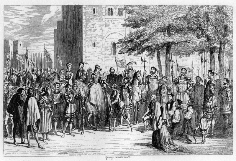 Queen Mary receiving the prisoners on the Tower Green, 1553 (1840). Artist: George Cruikshank