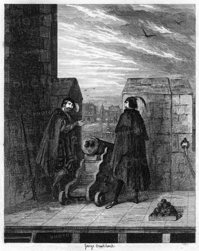 Simon Renard and Winwike the warden on the roof of the White Tower, 1553 (1840).Artist: George Cruikshank