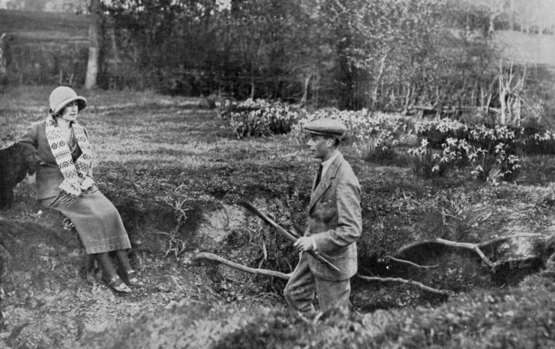 Lady Elizabeth Bowes-Lyon and the Duke of York at her Hertfordshire Home near Welwyn, 1923.  Creator: Unknown.
