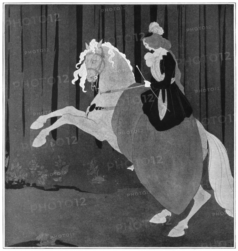 A woman sitting on a rearing horse, 1898.Artist: Aubrey Beardsley