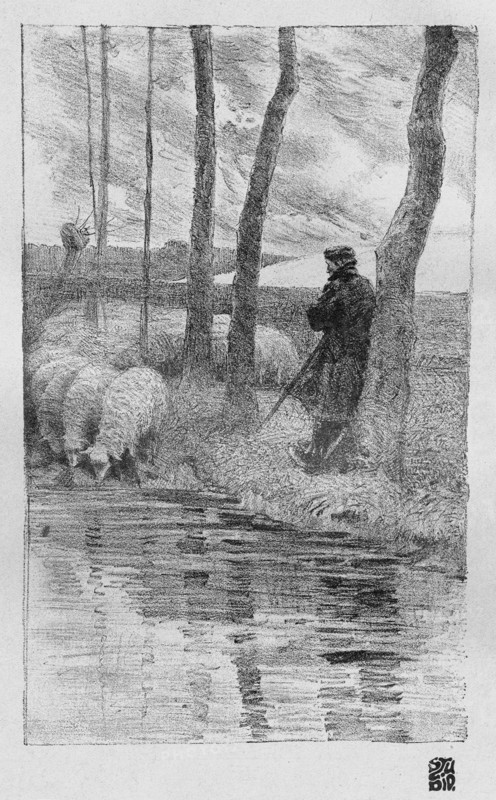 A shepherd with his flock by a river, 1899.Artist: Robert Hermann Sterl