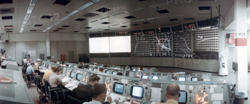 The Mission Operations Control Room in Mission Control Centre, Houston, Texas, USA, 1971.ston, 1971.Artist: NASA