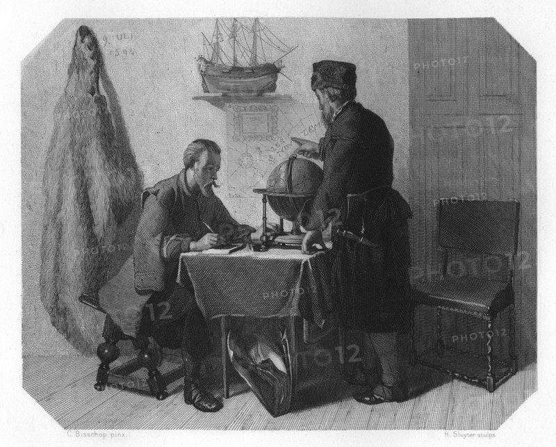 Willem Barents and Jacob van Heemskerk charting their route, 1596 (c1870). Artist: H Sluyter