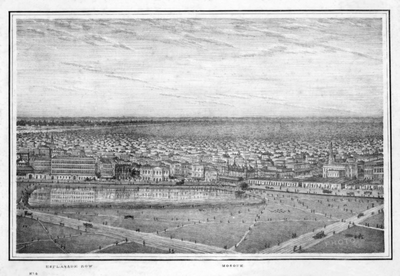 Esplanade Row and mosque, panorama of Calcutta, India, c1840s.Artist: Frederick Fiebig