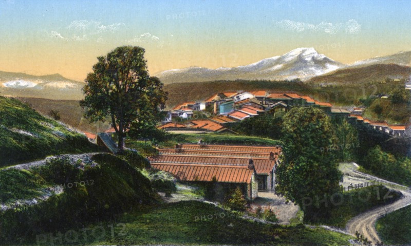 The barracks with distant snow-capped mountains, Chakrata, India, early 20th century. Artist: Unknown