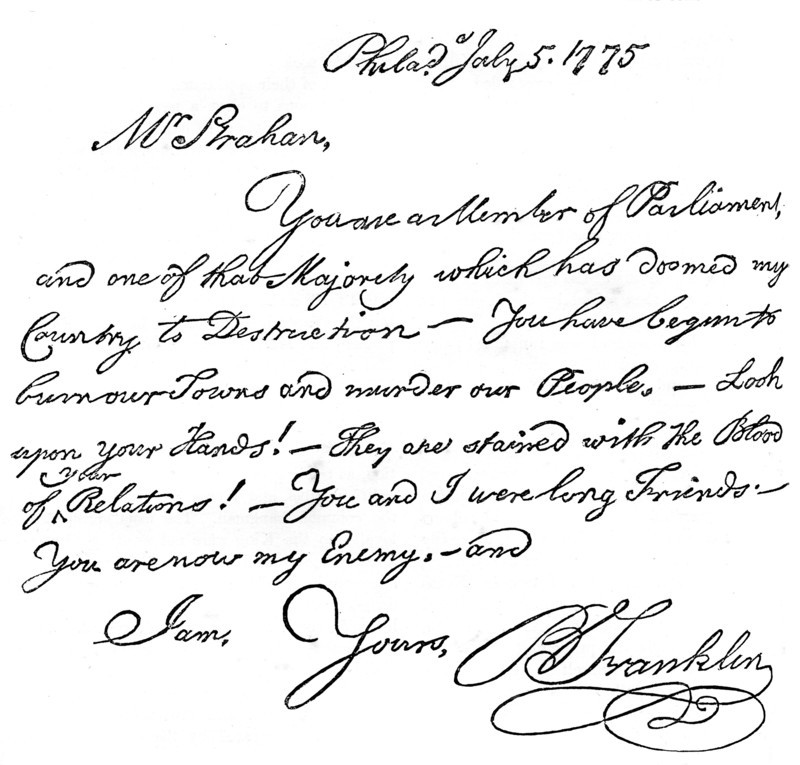 Facsimile of a letter from Benjamin Franklin to Mr Strahan, 1775 (c1880). Artist: Unknown