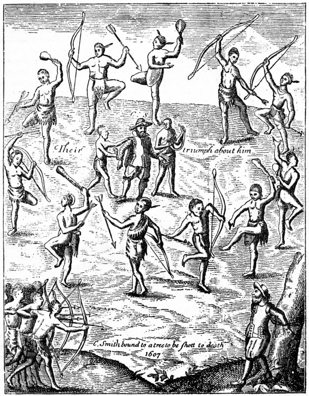 Captain John Smith taken prisoner by the Indians, Virgina, 1607 (c1880). Artist: Unknown