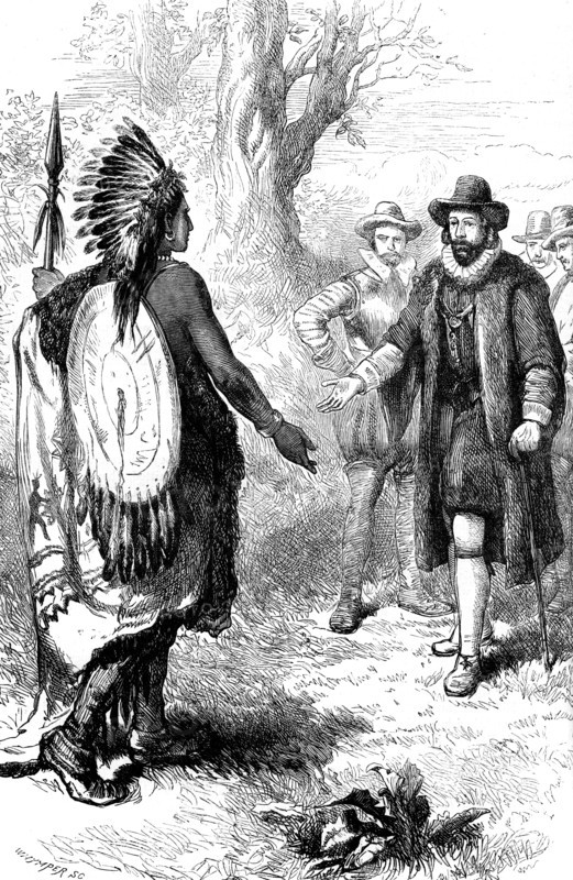 Reception of a Narragansett warrior by John Winthrop, Massachusetts, c1630s (c1880). Artist: Whymper