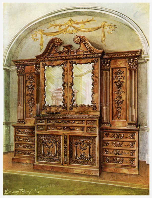 Carved enclosed mahogany bookcase, style of Chippendale, French influence, 1911-1912.Artist: Edwin Foley