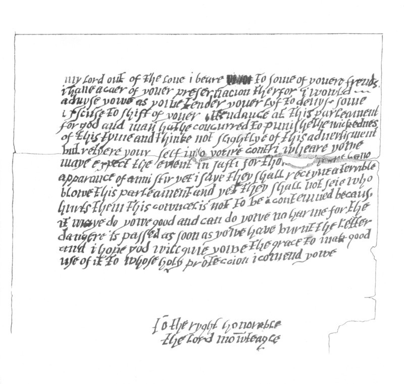 Letter to Lord Monteagle which led to the discovery of The Gunpowder Plot, 1605 (1865).Artist: Frederick George Netherclift