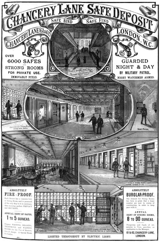 Advert for Chancery Lane Safe Deposit, London, 1887. Artist: Unknown