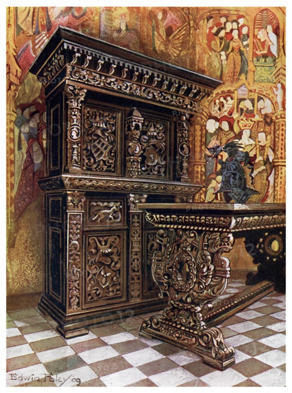 Carved oak armoire, 1910.Artist: Edwin Foley