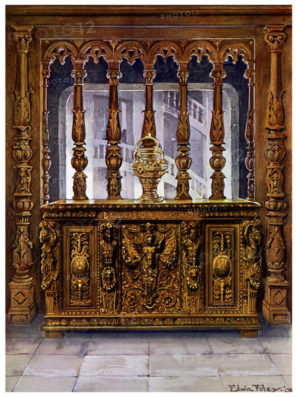 Henry II carved coffer or bahut and oak screen of the same French Period, 1910.Artist: Edwin Foley